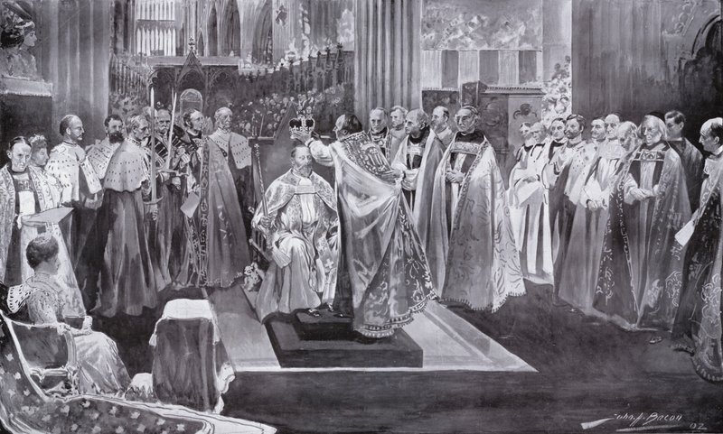 Kuningas Edward VII:n kruunasi Canterburyn arkkipiispa, Westminster Abbey, Lontoo, 1902 tekijältä John Henry Frederick Bacon