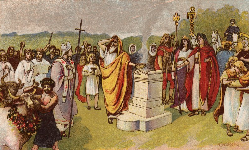 Constantí el Gran oferint un sacrifici quan arriben els primers cristians, York, 306 (chromolitho)finlandès tekijältä John Jellicoe