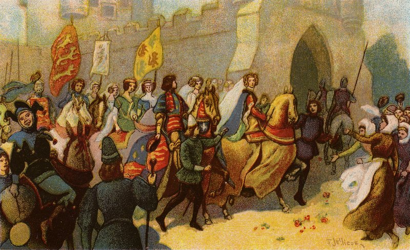 Kuningas Edward III ja hänen aatelismiehensä saattamassa Philippa of Hainaut Yorkiin tekijältä John Jellicoe