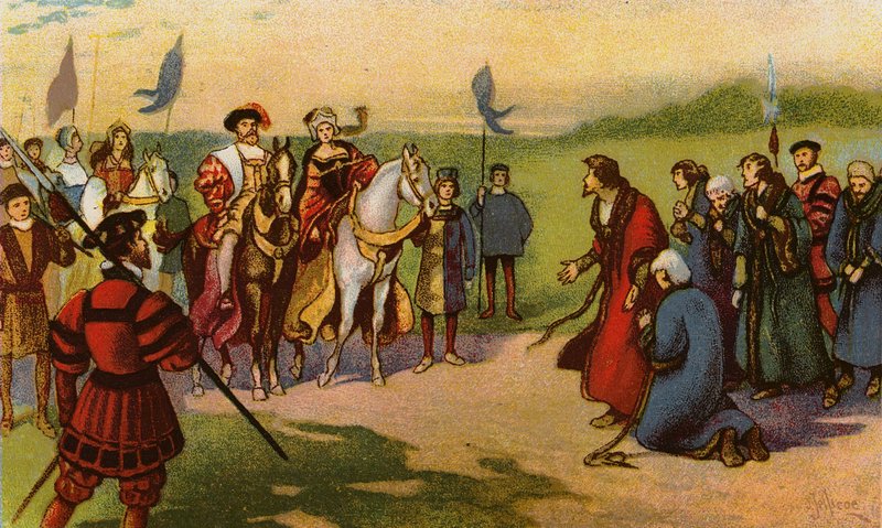 Kuningas Henrik VIII ja Catherine Howard saapuvat Yorkiin armon pyhiinvaelluksen jälkeen 1541 (chromolitho) tekijältä John Jellicoe
