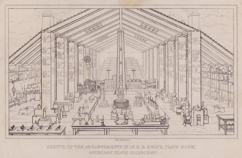 Luonnos järjestelyistä tohtori D B Reidin luokkahuoneessa, Roxburgh Place, Edinburgh (kaiverrus) tekijältä John Johnstone