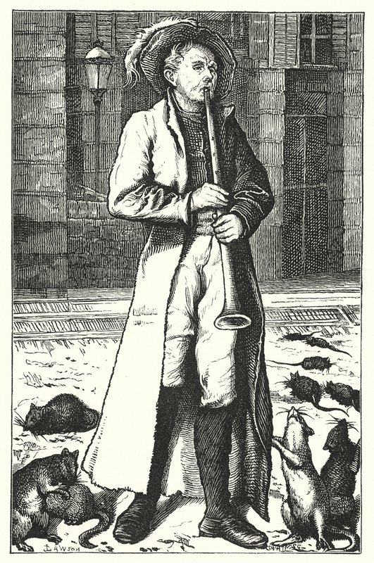 Runous: Hamelinin kyyhkynen (värillinen kaiverrus). tekijältä John Lawson
