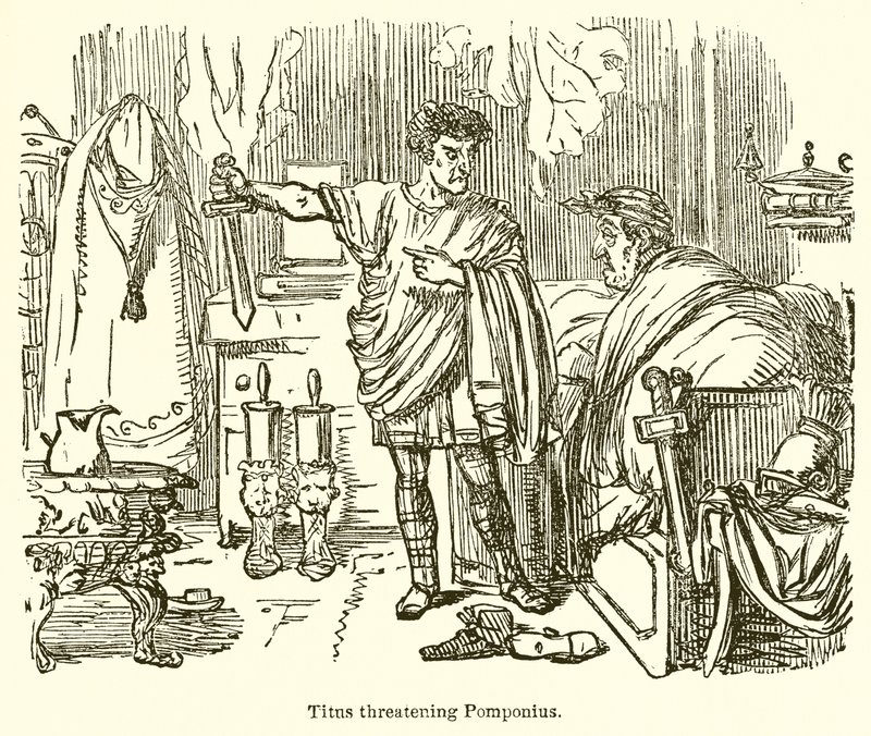 Titus uhkaa Pomponiusta tekijältä John Leech