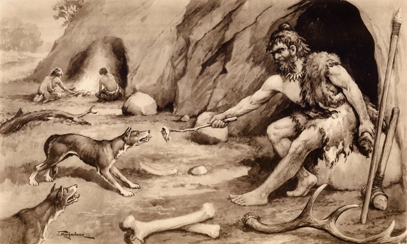 Luolamies ruokkii koiraa (litografia) tekijältä John Macfarlane