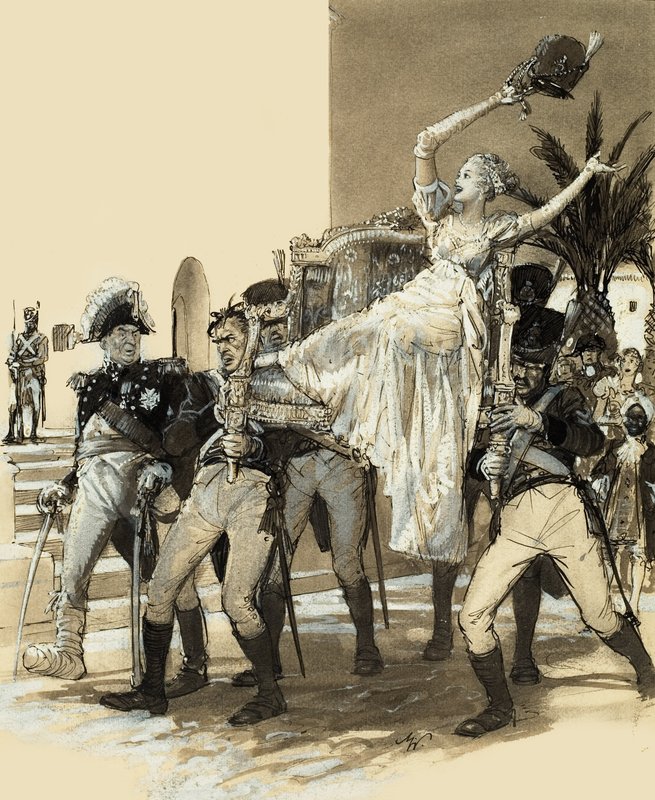 Sotilaiden kantama tyttö (guassi paperille) tekijältä John Millar Watt