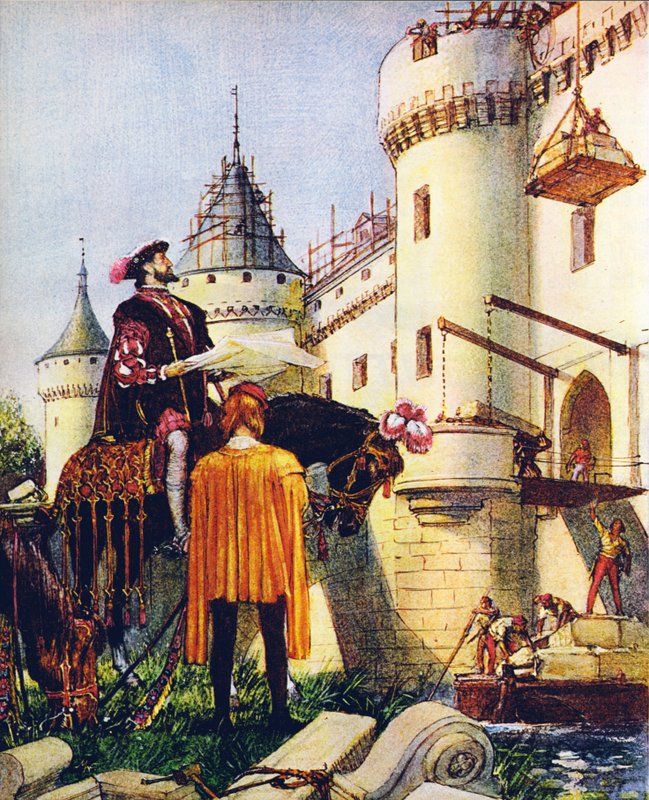 Ranskan kuningas Frans I, joka valvoo linnojen rakentamista (värilitografia). tekijältä John Millar Watt