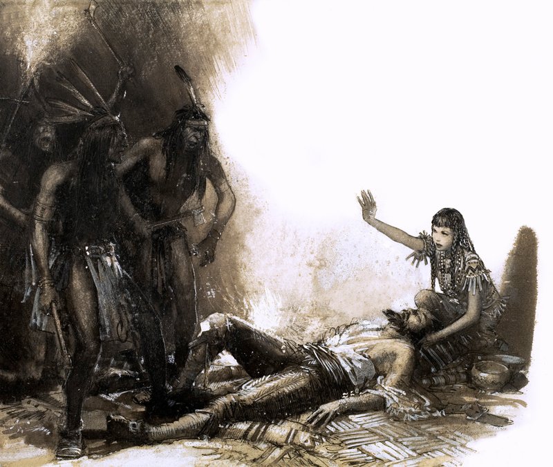 Pocahontas pelastamassa kapteeni Smithin henkeä (guassi paperille). tekijältä John Millar Watt