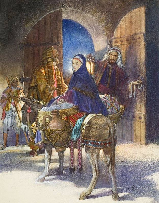 Majatalon isännän tarina: Maria ja Joosef saapuvat Betlehemiin (guassi paperille). tekijältä John Millar Watt