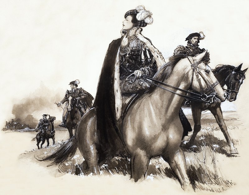 Tunnistamaton kuningatar poistuu savuavasta kaupungista saattueen saattamana. tekijältä John Millar Watt