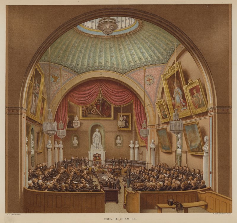 Valtuustohuone, Guildhall, Lontoon kaupunki (väri litho) tekijältä John Phillipp Emslie