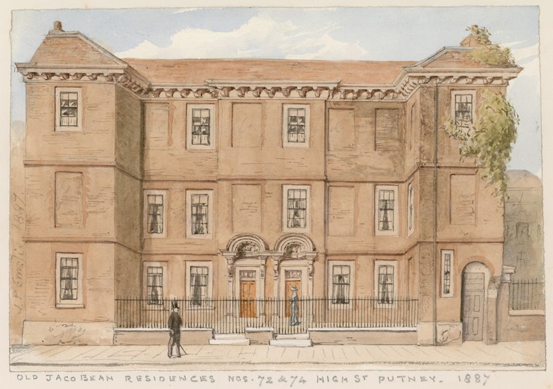 Vanhat Jacobean-asunnot, nro 72 ja 74, High Street, Putney, Lontoo, 1887 tekijältä John Phillipp Emslie