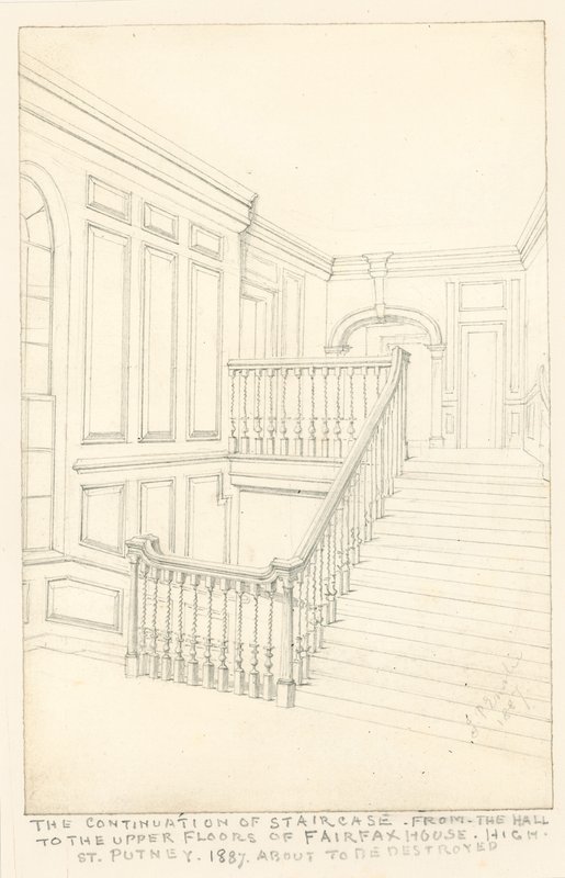 Fairfax House, High Street, Putney, High Street, Putney, 1887, eteisestä yläkerroksiin johtavan portaikon jatkaminen. tekijältä John Phillipp Emslie