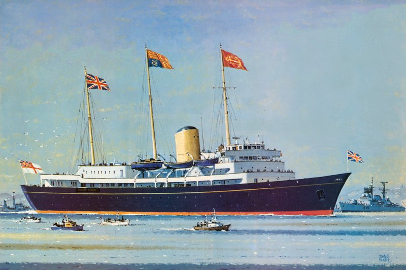 Britannia, kuningatar Elisabet II:n ja prinssi Philipin kelluva koti (värilitografia). tekijältä John S. Smith