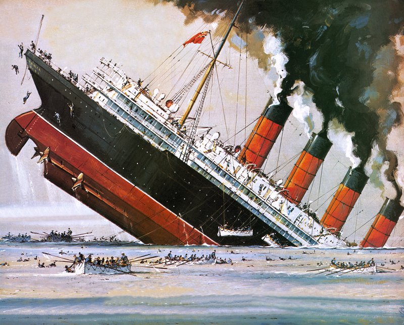 Lusitania-aluksen uppoaminen toukokuussa 1915 (litografia). tekijältä John S. Smith