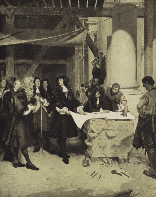 Kuningas Charles II vierailee Sir Christopher Wrenin luona Pyhän Paavalin katedraalin rakentamisen aikana, 1600-luvun lopulla (litho) tekijältä John Seymour (after) Lucas