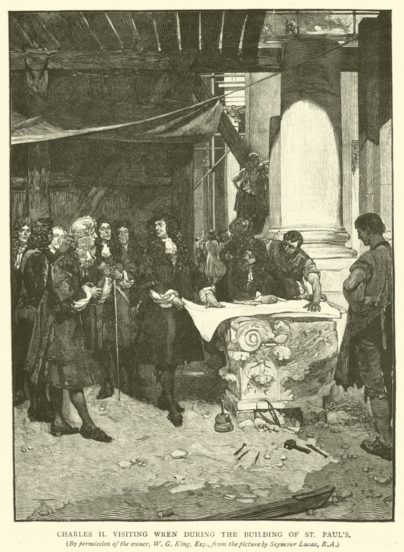 Charles II vierailee Wrenissä St Paulsin rakentamisen aikana tekijältä John Seymour Lucas