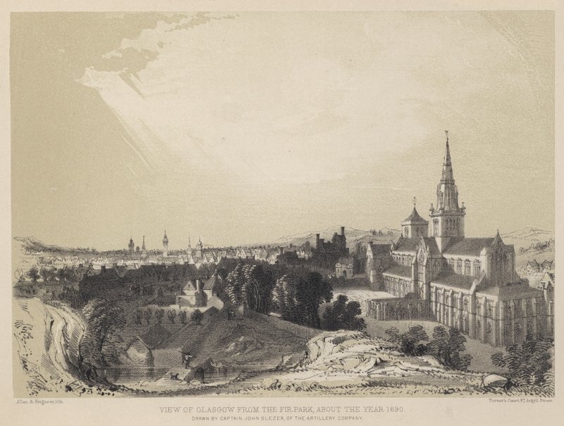 Näkymä Glasgowiin Fir Parkista, noin vuodelta 1690 (kaiverrus) tekijältä John Slezer