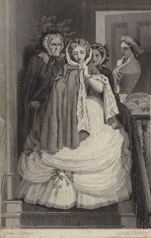 Kaunis tyttö, pukeutunut juhliin, laskeutuvat portaat tekijältä John Tenniel