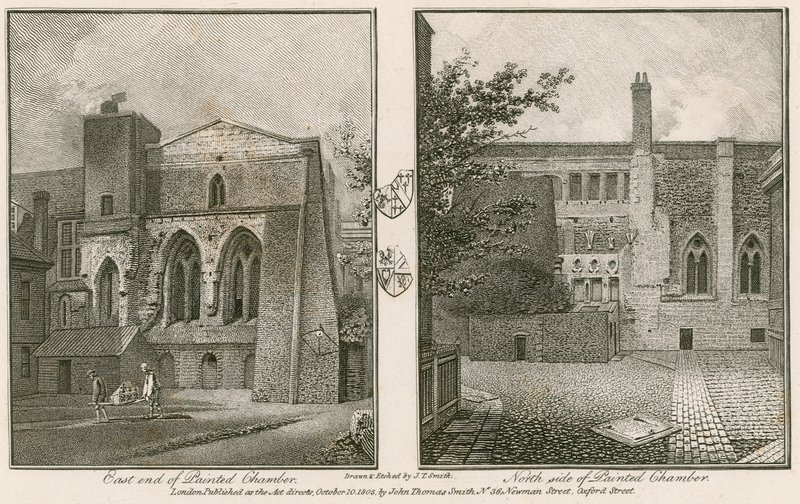 Westminsterin palatsin Painted Chamberin itäpää (vasen) ja pohjoispuoli (oikea). tekijältä John Thomas Smith