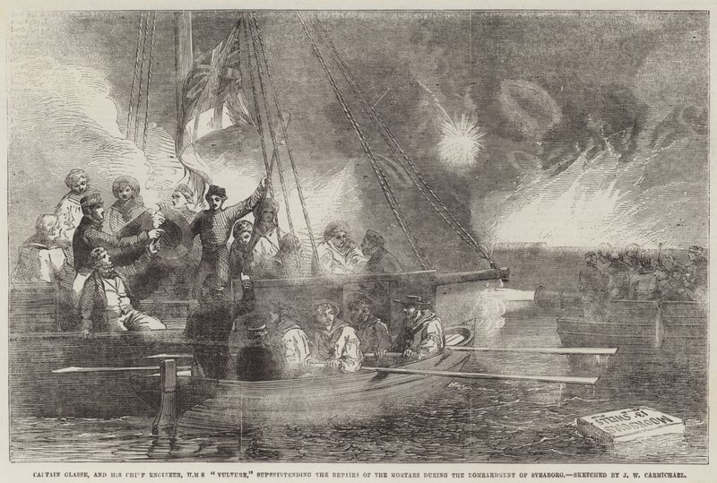 Kapteeni Glasse ja hänen pääinsinöörinsä, HMS Vulture, johtivat kranaatinheittimien korjausta Viaporin pommituksen aikana tekijältä John Wilson Carmichael
