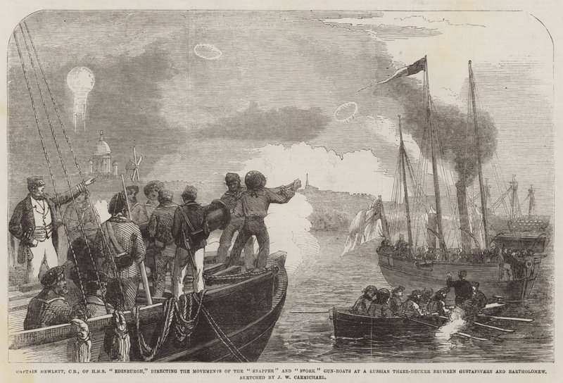 HMS Edinburghin kapteeni Hewlett, CB, ohjaa Snapper- ja Stork-tykkiveneiden liikkeitä venäläistä kolmikerroksista Gustafsvernin ja Bartholomewin välillä. tekijältä John Wilson Carmichael
