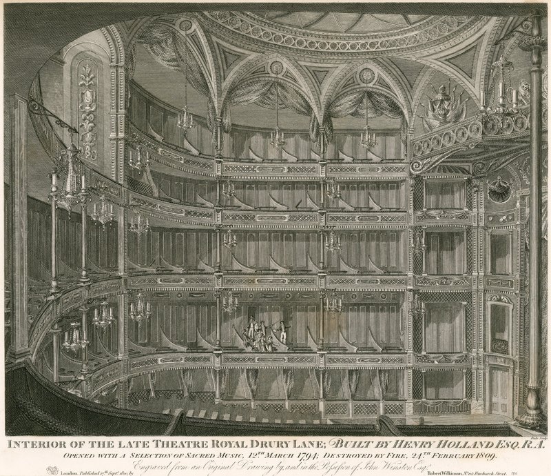 Edesmenneen Theatre Royalin sisustus, Drury Lane, Lontoo tekijältä John Winston