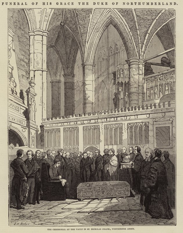 Hänen armonsa Northumberlandin herttuan hautajaiset, seremonia holvissa St Nicholas Chapelissa, Westminster Abbey tekijältä John Wykeham Archer