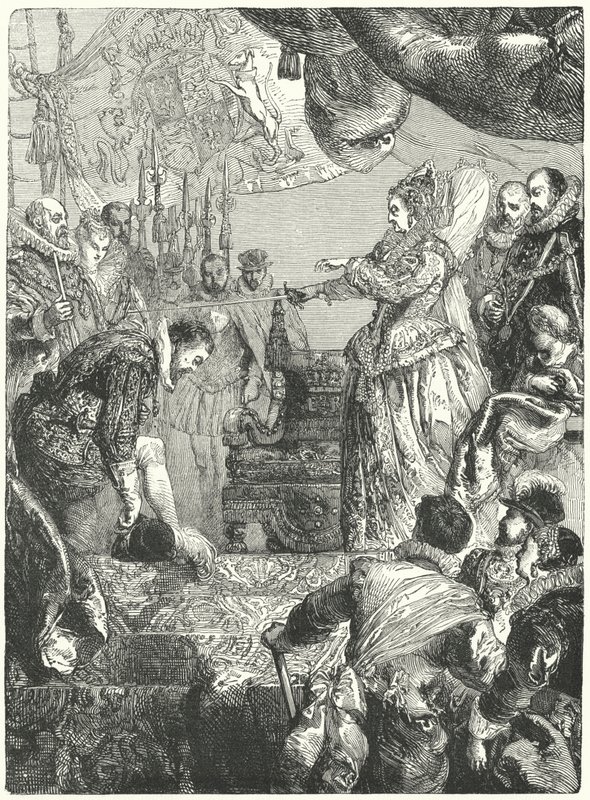 Sir Francis Drake vastaanottaa ritarikunnan kuningatar Elizabeth I:ltä, 1581 tekijältä John after Gilbert