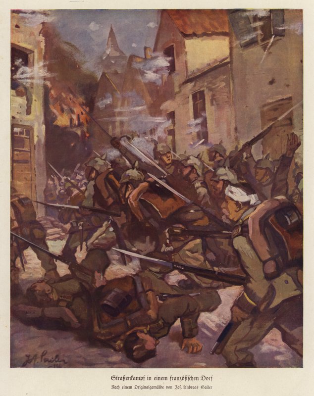 Katutaistelu ranskalaisessa kylässä, ensimmäinen maailmansota (väri litho) tekijältä Josef Andreas Sailer
