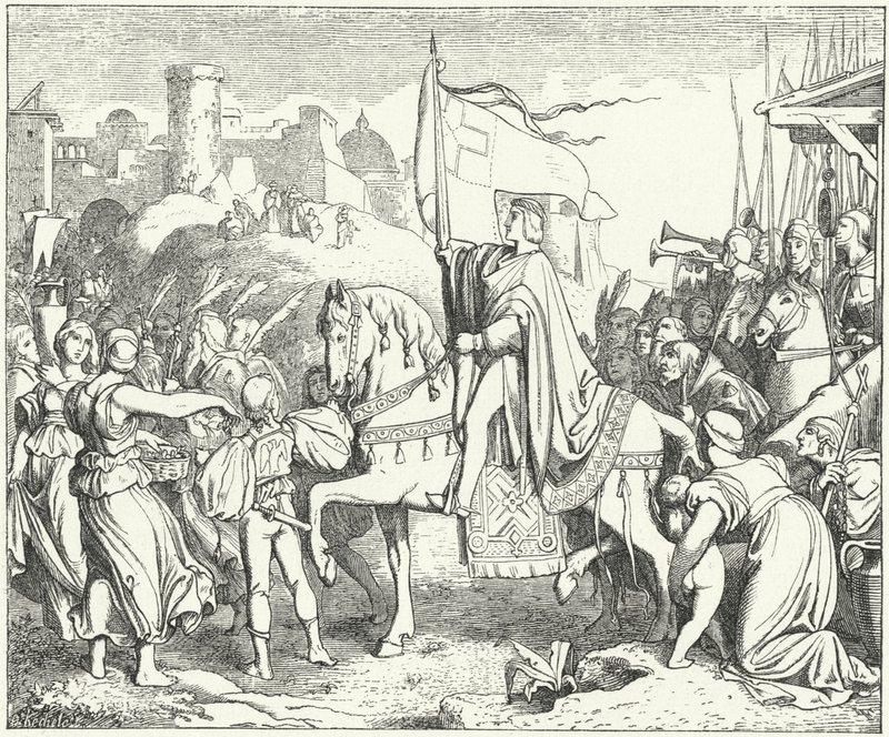 Pyhän Rooman keisari Fredrik II saapumassa Jerusalemiin, kuudes ristiretki tekijältä Josef Mathias (after) Trenkwald