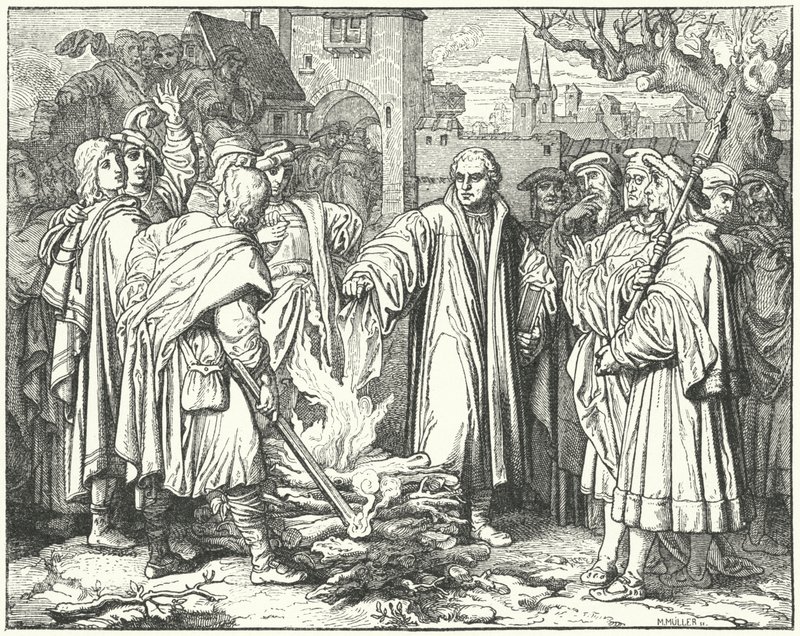 Martti Luther polttaa paavin bullan Wittenbergissä 1520 tekijältä Josef Mathias Trenkwald