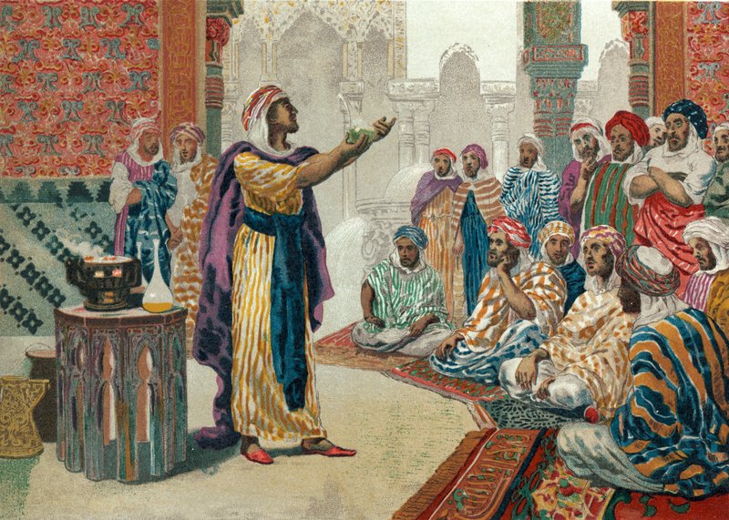 Jabir ibn Hayyan opettaa kemiaa Edesassa tekijältä Josep or Jose Planella Coromina