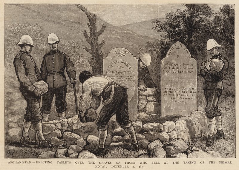 Afganistan, pystyttää tauluja niiden hautojen ylle, jotka kaatuivat Peiwar Kotalin valloittamisessa 2. joulukuuta 1879 tekijältä Joseph Nash