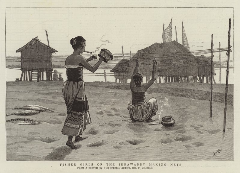 Irrawaddy-joen kalastajatytöt tekevät verkkoja. tekijältä Joseph Nash