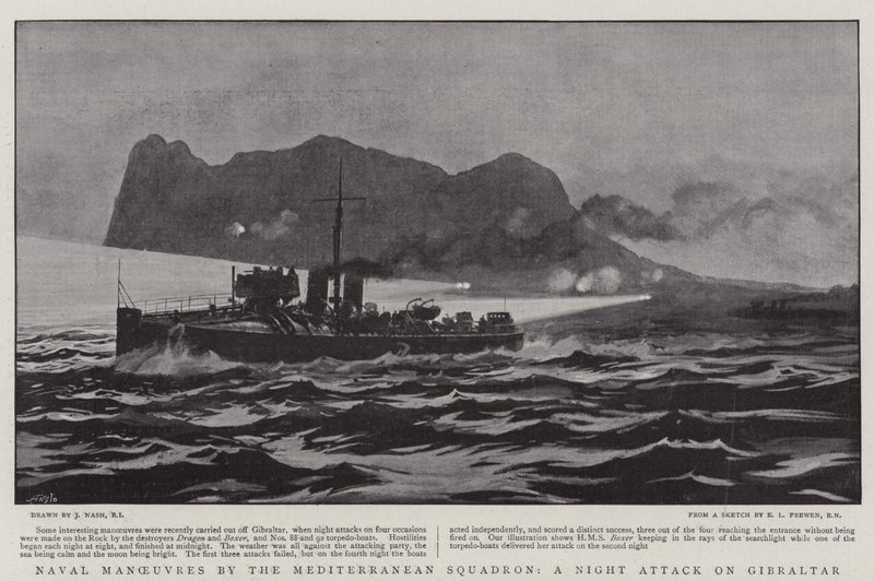 Välimeren laivueen laivastoliikkeet, yöhyökkäys Gibraltarille tekijältä Joseph Nash