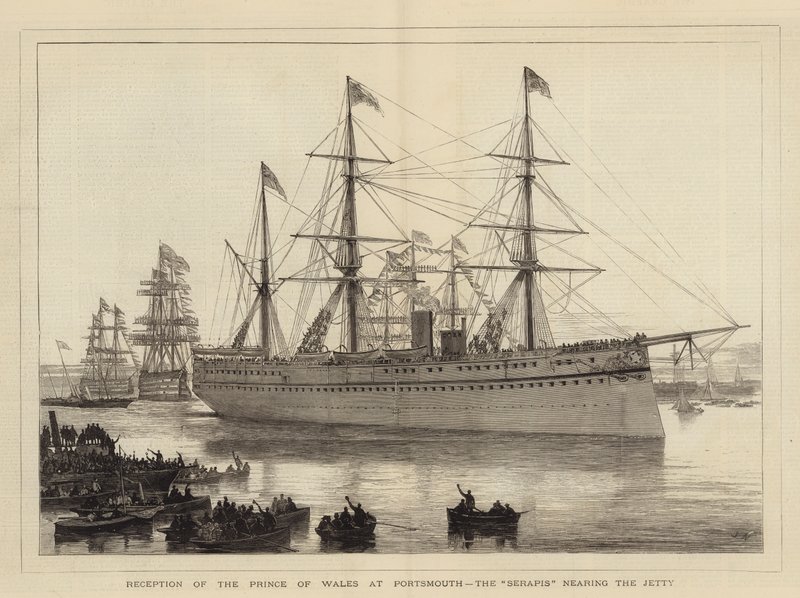 Walesin prinssin vastaanotto Portsmouthissa, Serapis lähellä laituria tekijältä Joseph Nash