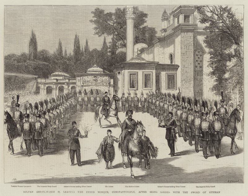 Sulttaani Abd-ul-Hamid II poistui Eyoubin moskeijasta Konstantinopolista Othmanin miekalla vyötettyään tekijältä Joseph Nash