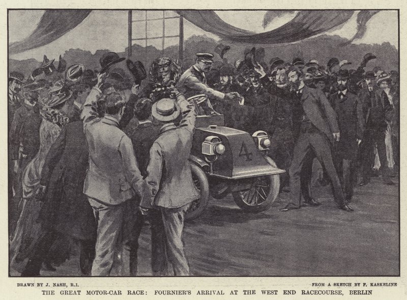 Great Motor-Car Race, Fournierin saapuminen West Endin kilparadalle Berliinissä tekijältä Joseph Nash