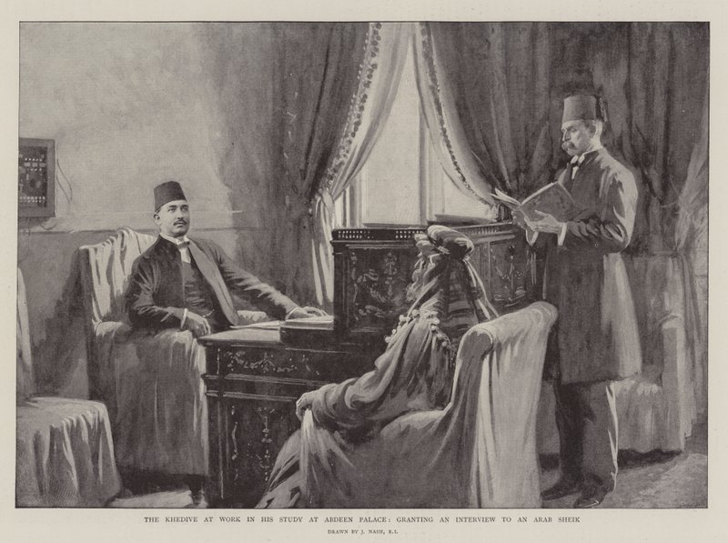 Khedive töissä Abdeenin palatsissa työskentelevässä työssään ja antoi haastattelun arabisheikille tekijältä Joseph Nash