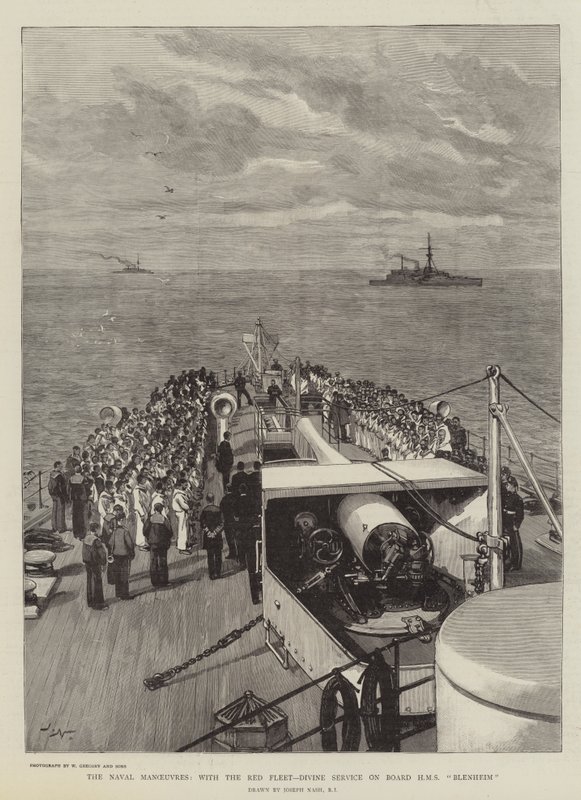 Naval Maneuvres, punaisen laivaston kanssa, jumalallinen palvelu HMS Blenheimin aluksella tekijältä Joseph Nash