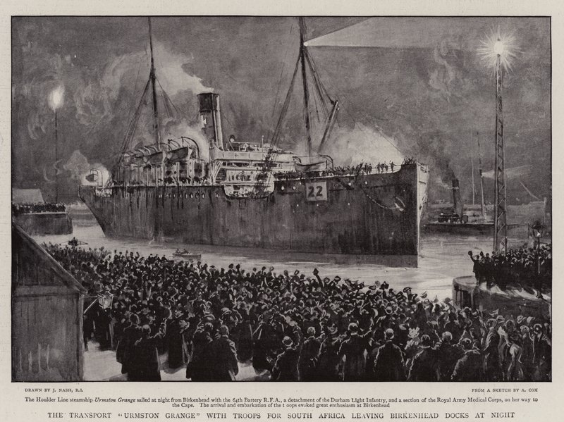 Transport Urmston Grange joukkojen kanssa Etelä-Afrikkaan lähtemässä Birkenhead Docksista yöllä tekijältä Joseph Nash