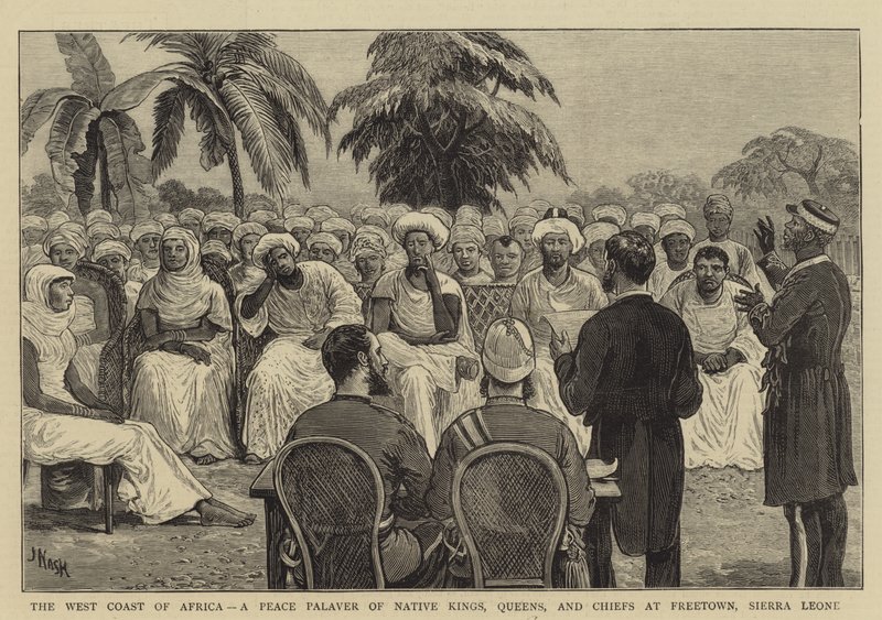 Afrikan länsirannikko, alkuperäiskuninkaiden, kuningattareiden ja päälliköiden rauhanpalatsi Freetownissa, Sierra Leonessa tekijältä Joseph Nash