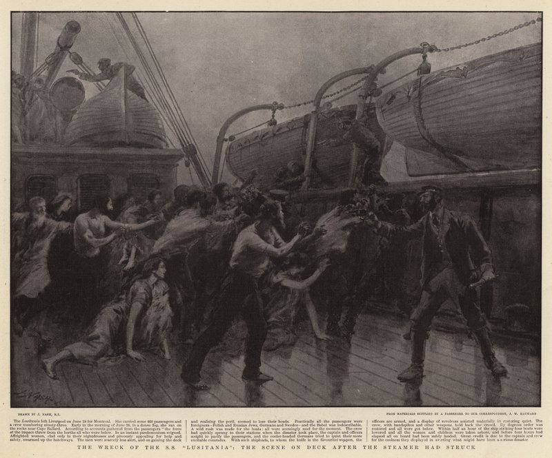 SS Lusitanian hylky, kohtaus kannella Steamerin iskun jälkeen tekijältä Joseph Nash