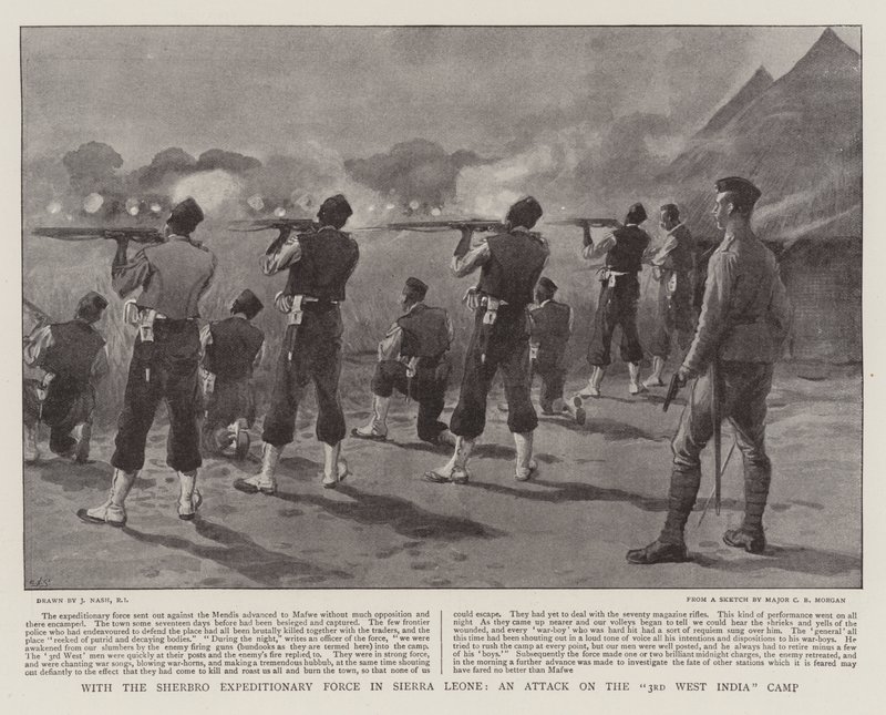 Sherbro Expeditionary Force -joukon kanssa Sierra Leonessa, hyökkäys 3. Länsi-Intian leiriin tekijältä Joseph Nash