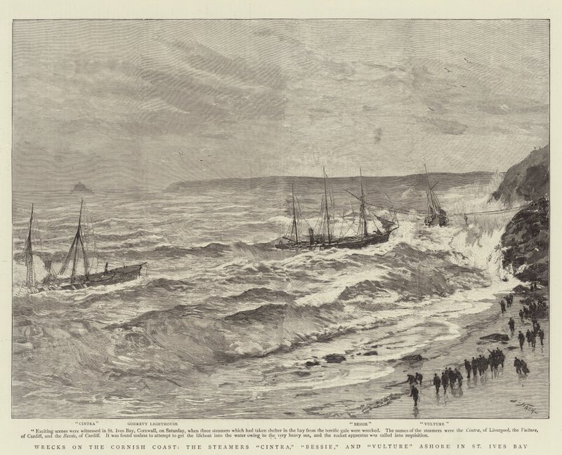 Hylyt Cornish Coastilla, Steamers Cintra, Bessie ja Vulture Ashore St Ives Bayssa tekijältä Joseph Nash