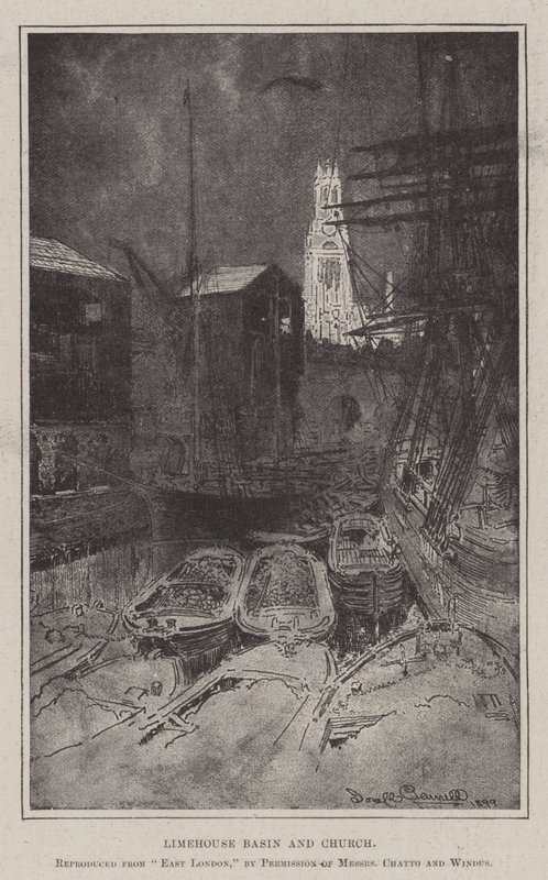 Limehouse Basin ja kirkko tekijältä Joseph Pennell