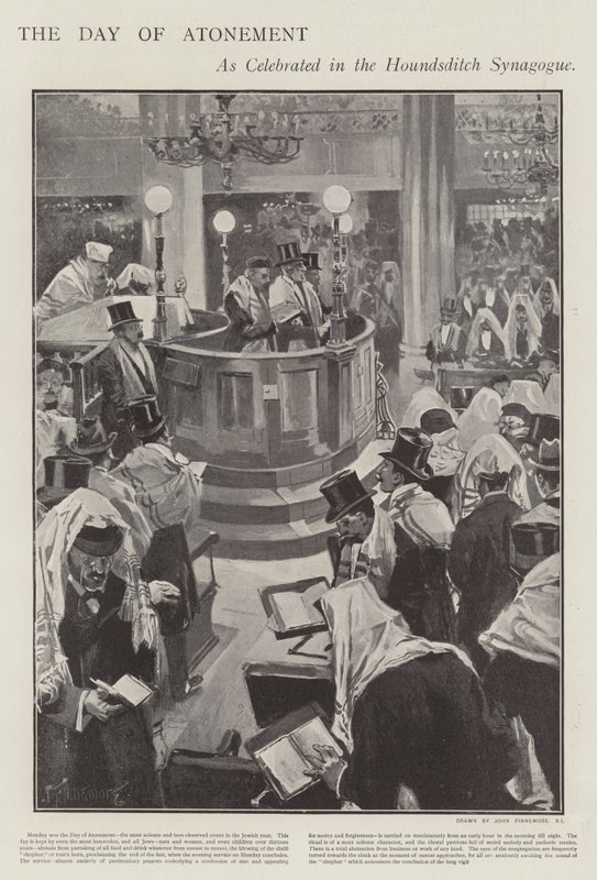Juhlitaan juutalaisten sovituspäivää Houndsditch synagogassa, Lontoossa (litho) tekijältä Joseph (after) Finnemore