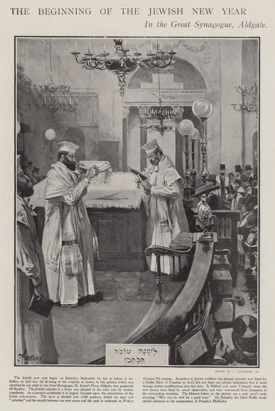 Juhlitaan juutalaisen uudenvuoden alkua suuressa synagogassa, Aldgate, Lontoo (litho) tekijältä Joseph (after) Finnemore