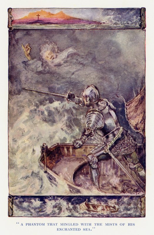 Sir Knight of the Splendid Way -kirjan kuvitus (värilitografia) tekijältä Joseph (after) Finnemore