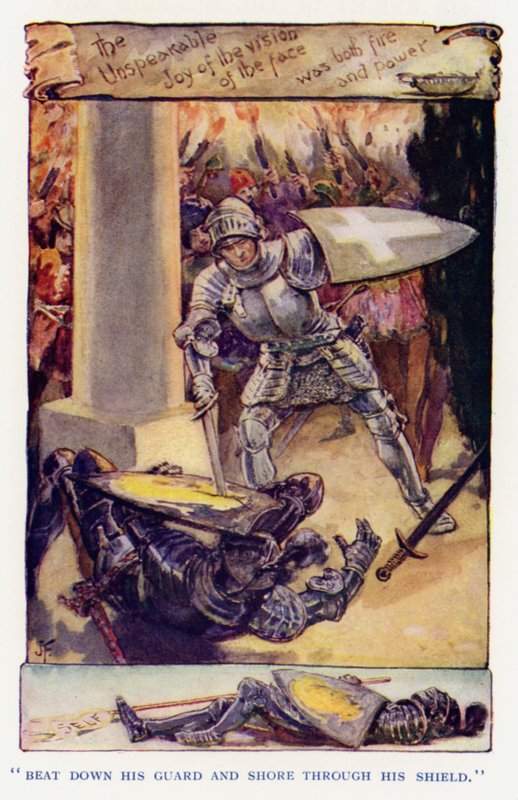 Sir Knight of the Splendid Way -kirjan kuvitus (värilitografia) tekijältä Joseph (after) Finnemore